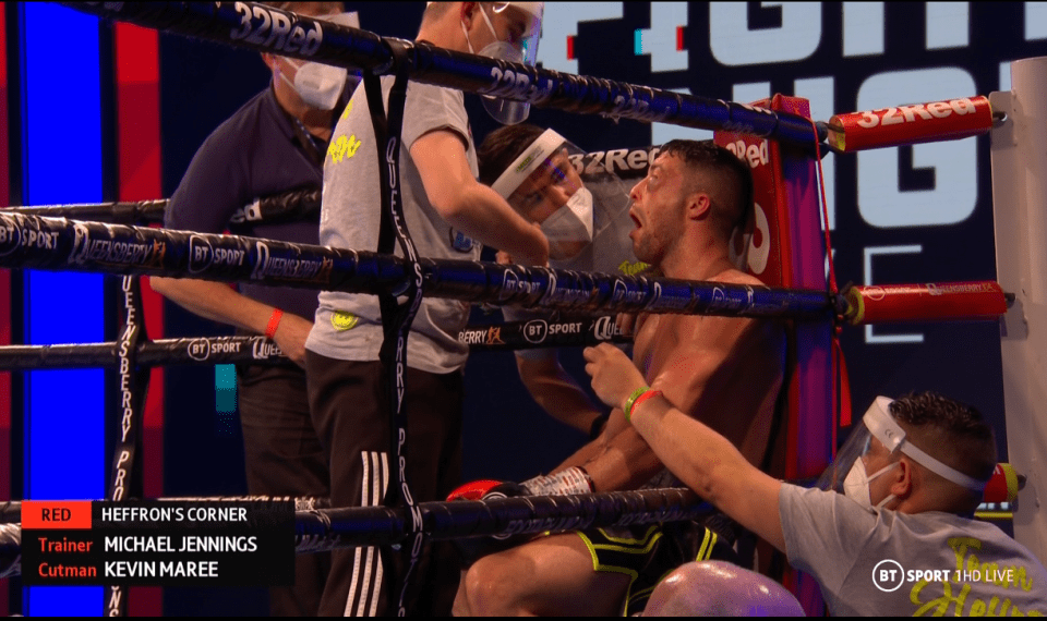 The referee waved off the fight at the end of the fourth round with Heffron unable to open his eye