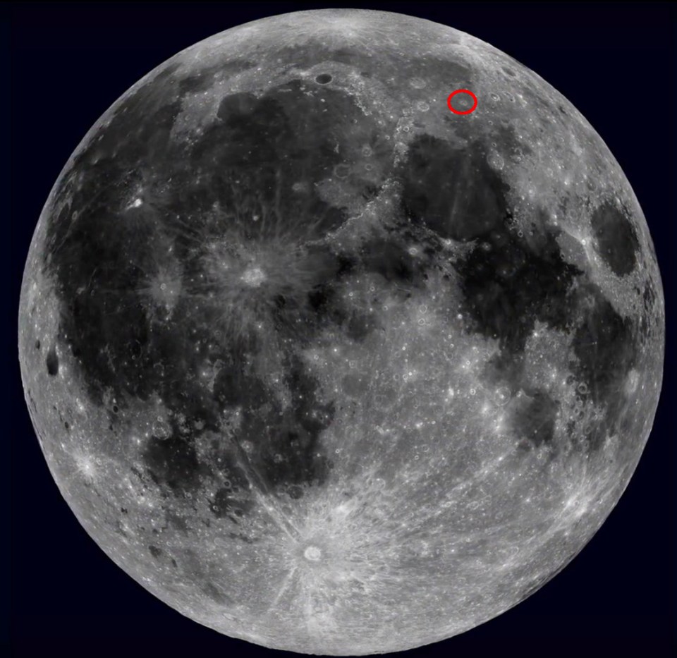 The lander carrying the cremated remains of paying participants will touch down in the Lacus Mortis region of the Moon (circled in red)