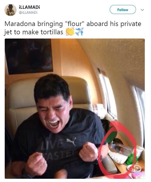 Fans spotted a bag of white powder next to Maradona on his private plane during the 2018 World Cup