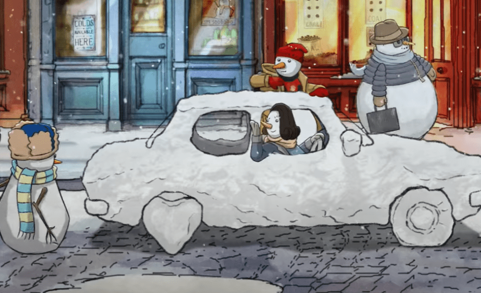 The snowman helps the couple with a flat tyre 