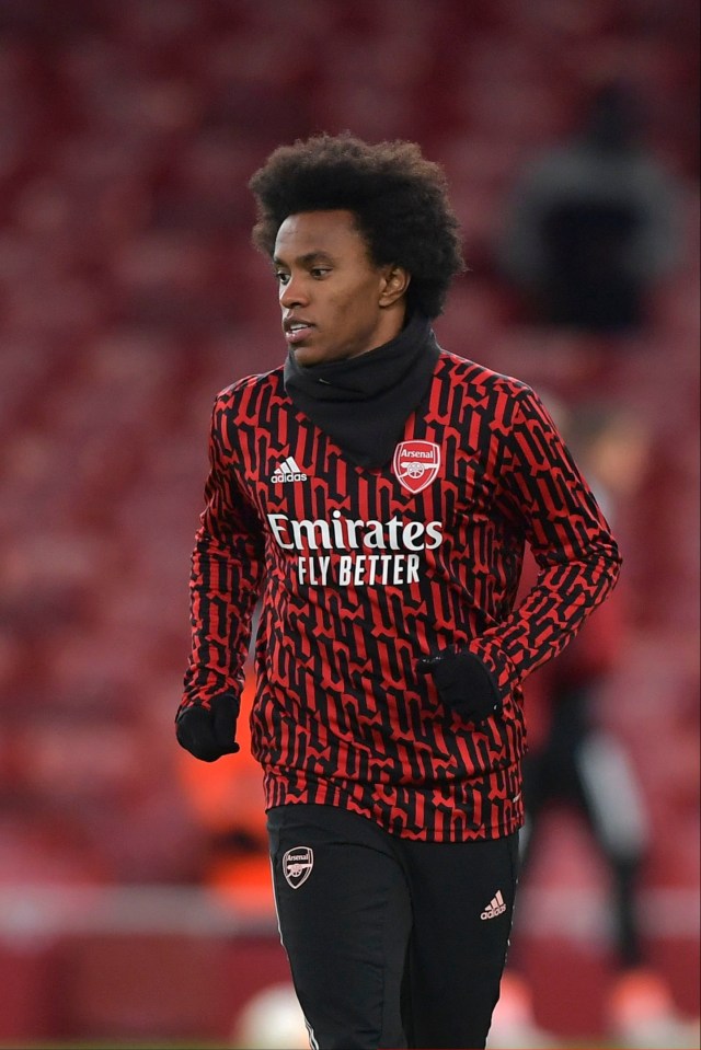 Brazilian forward Willian warming up before Arsenal's Europa League win against Rapid Wien at the Emirates.