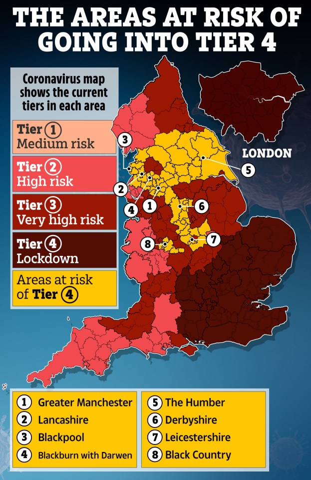 The areas currently in Tier 4 – and those those at risk of joining