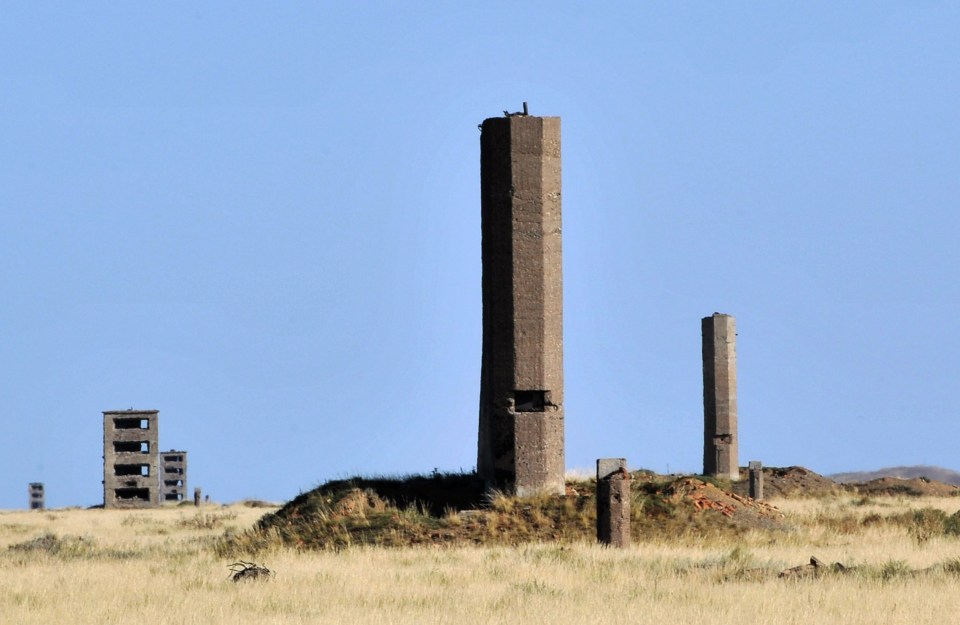 Equipment housings are seen at the nuclear explosion site P-1