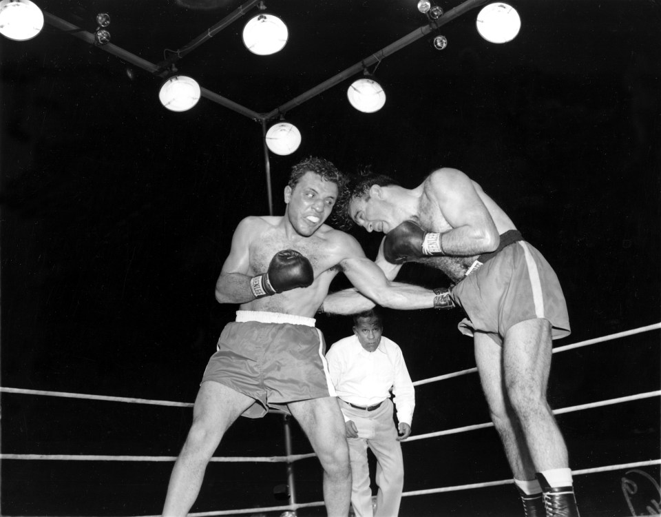 Jake Lamotta (left) beat Marcel Cerdan in 1949 to win the world middleweight title