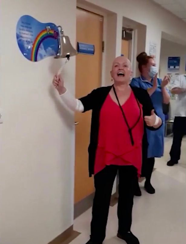 Linda rang the bell at the hospital to signal the end of her chemotherapy