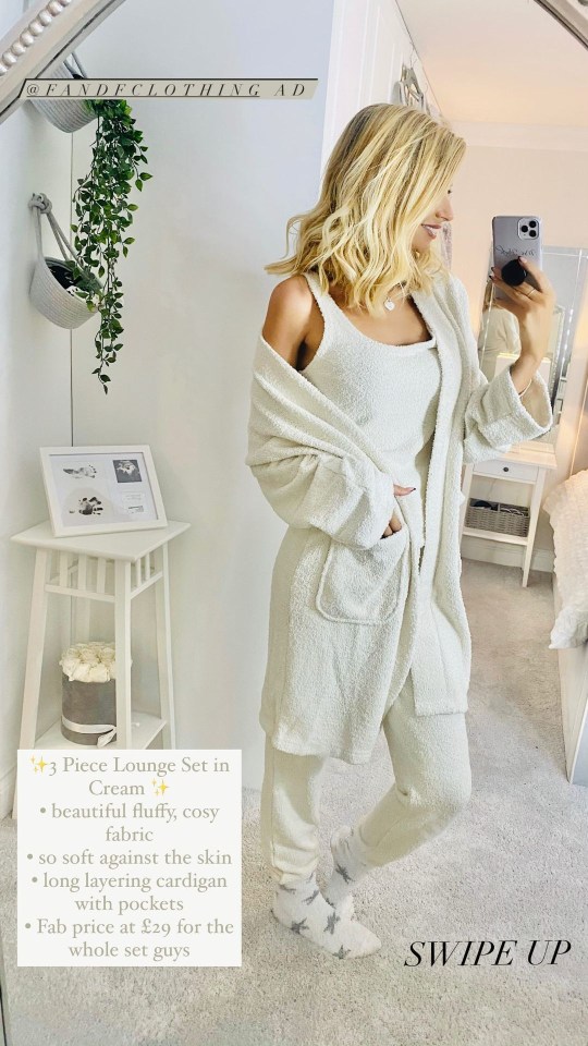 She also showcased a three-piece fluffy loungewear set available in cream and grey