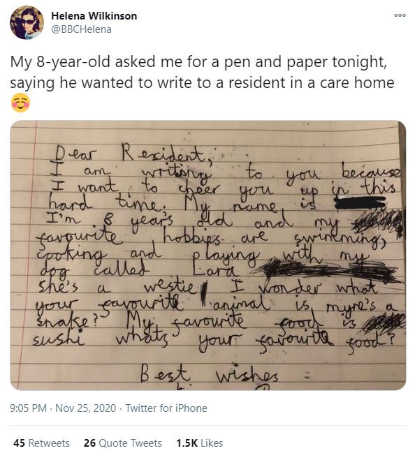 Helena Wilkinson’s son is among the kids taking it upon themselves to connect with elderly neighbours