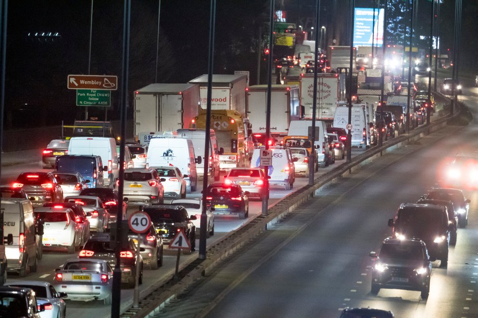 Long queues of traffic seen on the A40 at Perivale, West London as a second national lockdown ends