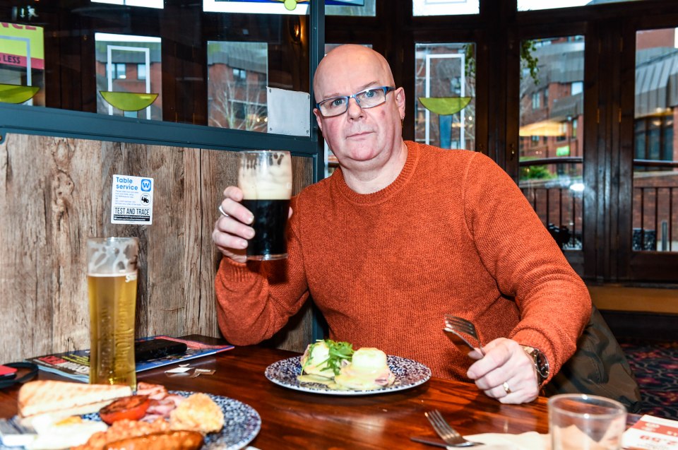 Keith Hill, at the Rising Sun in Redditch with his breakfast and pint