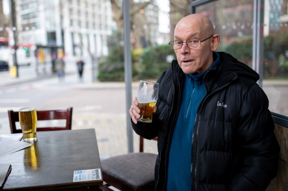 Daniel Stroud, 73, enjoying a pint of beer this morning