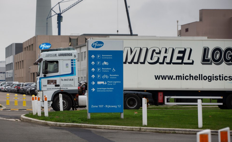 Refrigerated HGVs loaded with the coronavirus vaccine leaving Pfizer's plant in Belgium bound for the UK