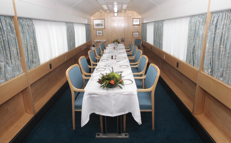 The train features a ‘dining hall’ with Formica tables