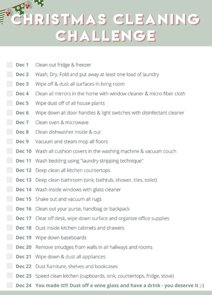 The list breaks up chores, spreading them across 24 days to make it more manageable