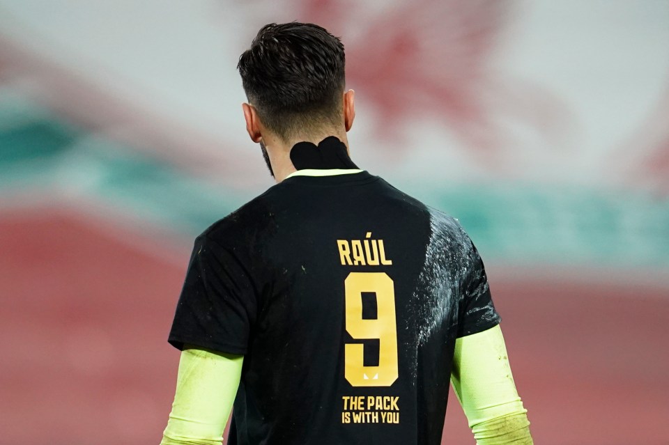 Wolves players wore T-shirts and long-sleeved tops showing their support for Raul Jimenez as they warmed up for Liverpool