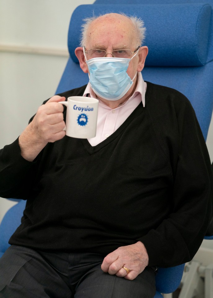 George, 90, enjoyed a cup of tea after becoming the first Londoner to get the jab