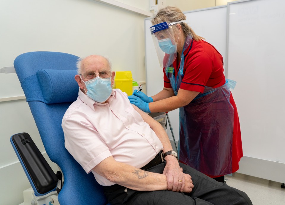 George Dyer, 90, receives the first Covid-19 vaccination in London at Croydon’s University Hospital