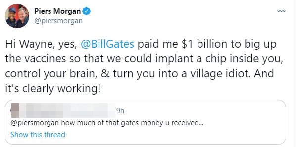 The Twitter user said Bill Gates bribed him to 'big up' the vaccine