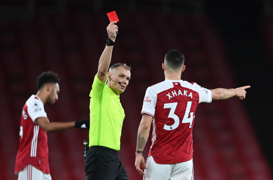 Referee Graham Scott upgraded Xhaka to a red card