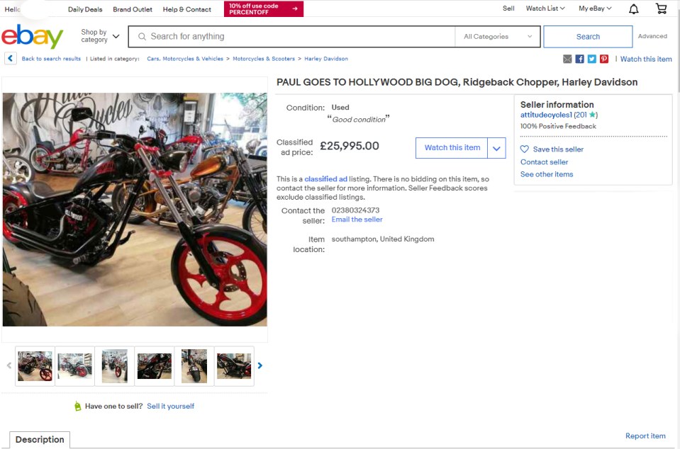 Paul's ad on the site says 'Currently owned by celebrity chef Paul Hollywood', for £25,995 buyers can get their hands on his Ridgeback Chopper