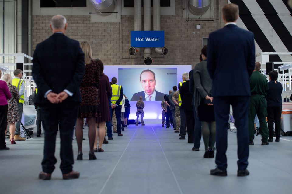 Matt Hanock speaking via videolink at the opening of the NHS Nightingale Hospital Birmingham