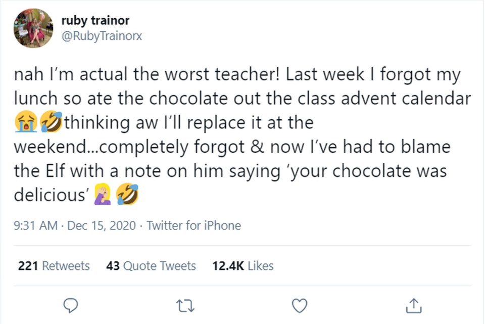 She confessed to eating the chocolates on Twitter, describing herself as the ‘worst teacher’