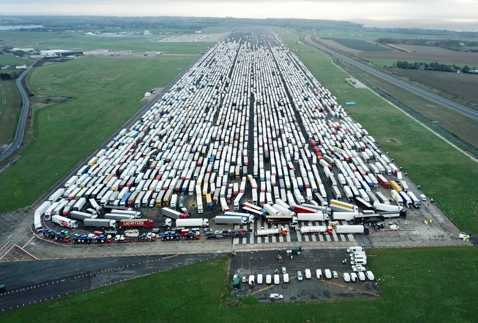 Lorries were stacked as far as the eye can see at Manston Airport in Kent on Christmas Day