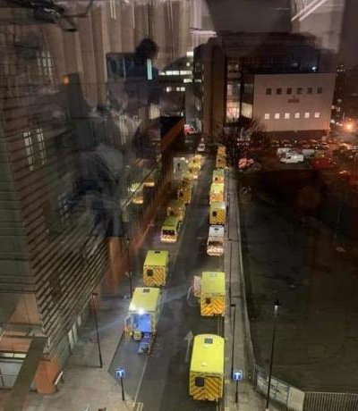 Ambulances lined up outside the hospital in Whitechapel