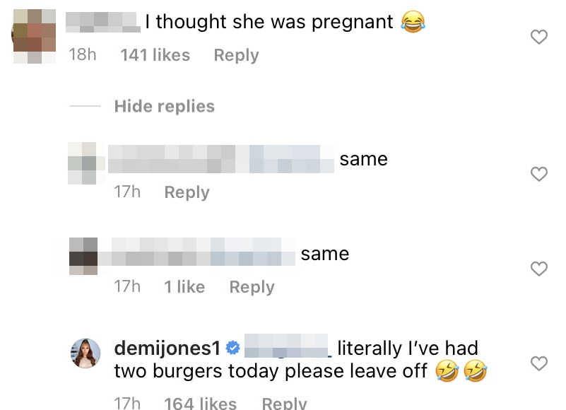 Demi replied to the person and explained she had just eaten two burgers