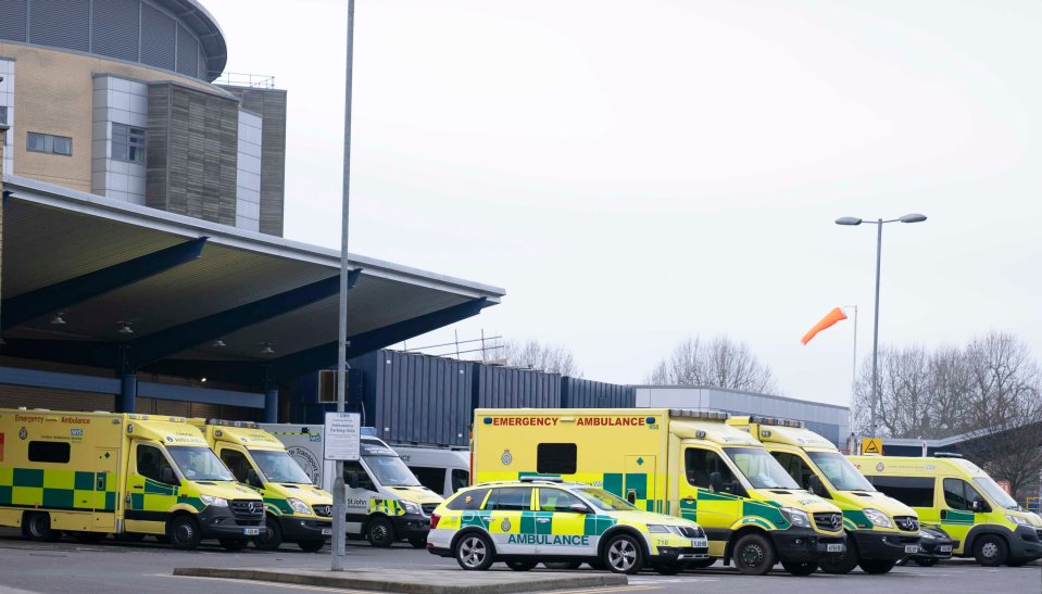 A row of ambulances is seen outside Queen's hospital in Romford this morning amid the coronavirus crisis