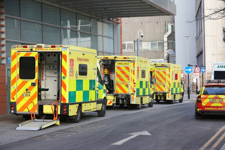 Ambulances are seen outside Royal London Hospital in Whitechapel, East London this morning