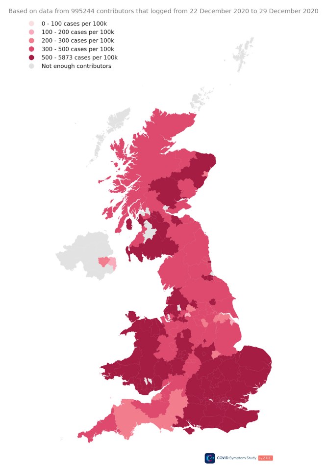 The map above shows where cases of the virus are most prevalent in the UK. The darker areas have higher infection rates 