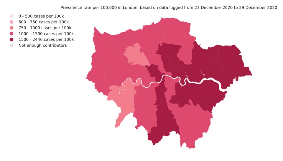 Prof Spector said that cases in London would continue to get worse for another two weeks. The map above shows which areas in London are hardest hit. The darker areas have more infections 