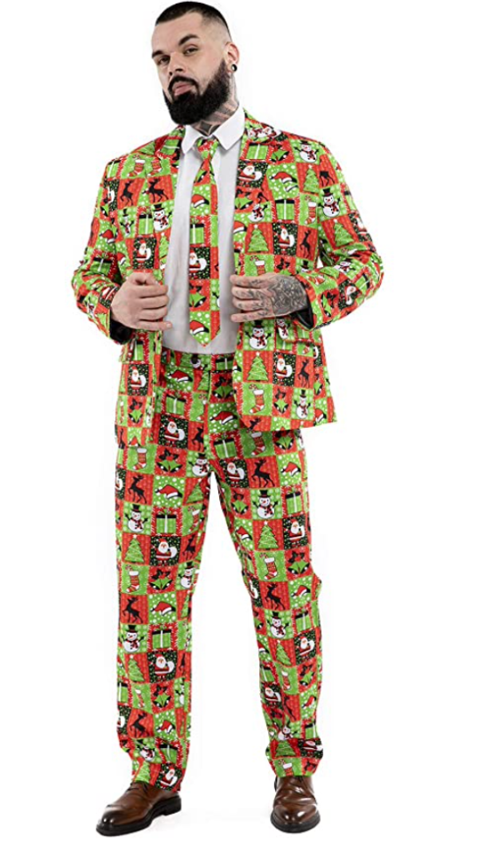  This red and green suit works a treat for any Christmas party