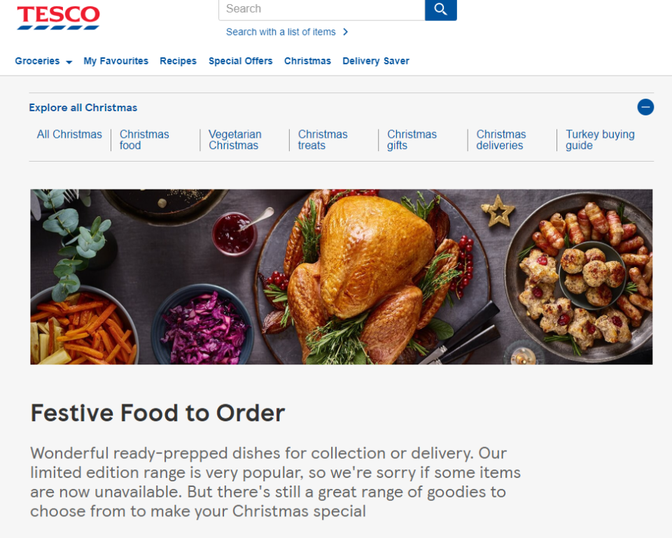 A warning on the Tesco website shows that some items are now out of stock