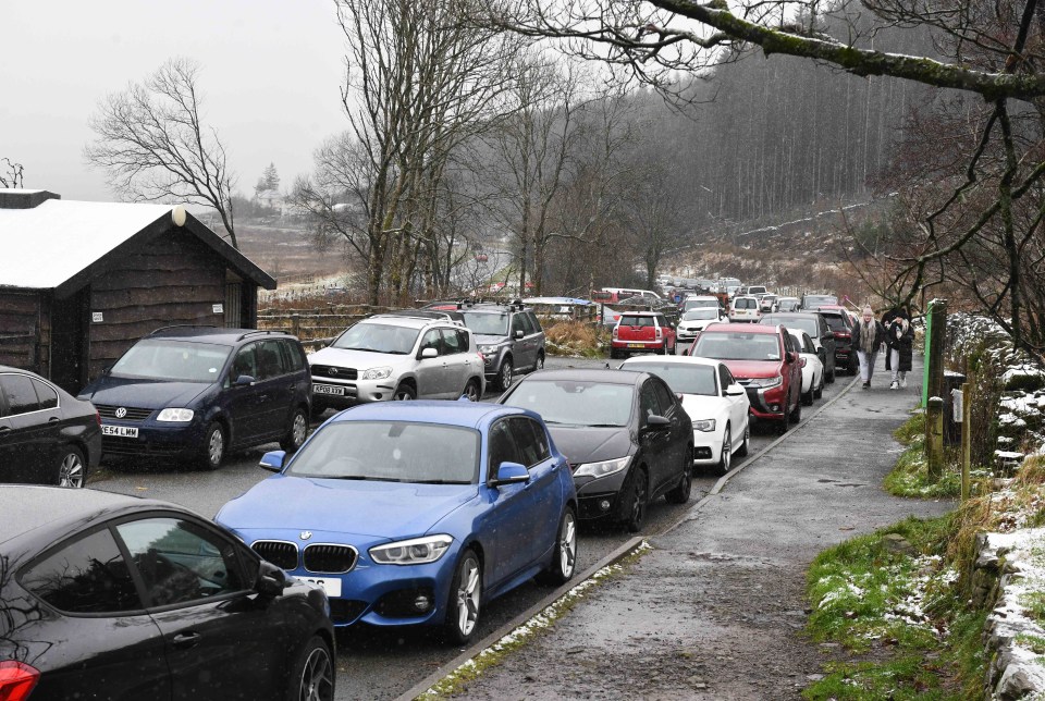 Cars were parked near the mountain today despite strict lockdown rules in Wales