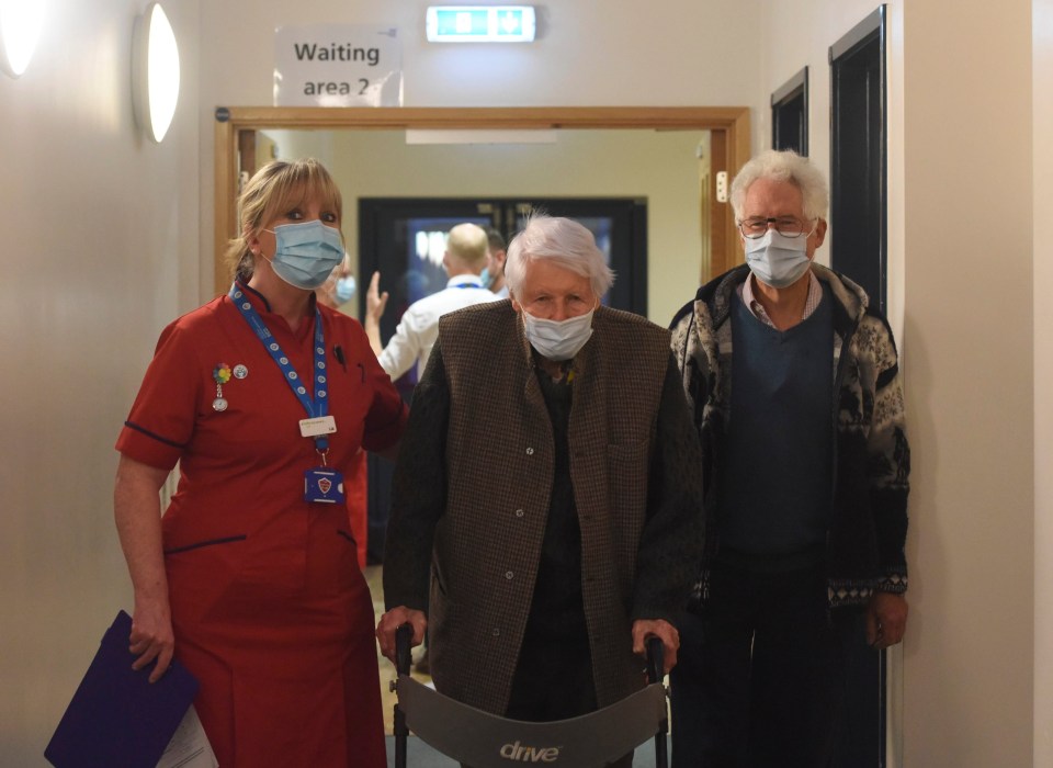 Michael Tibbs, 99, pictured with his son Philip and chief nurse Liz Rix, was the first person to get the jab at Queen Alexandra Hospital in Portsmouth, Hants 