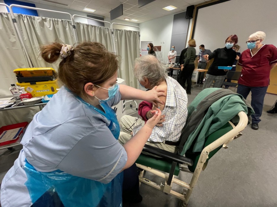 Edward Whitehead, 84, receiving the coronavirus vaccine at James Cook University Hospital in Middlesbrough