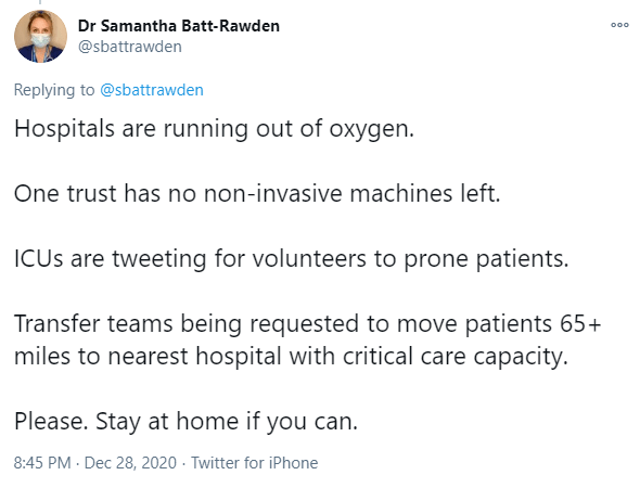 A critical care doctor has tweeted about the situation in UK hospitals