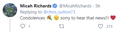 Former Manchester City star Micah Richards expressed his sadness