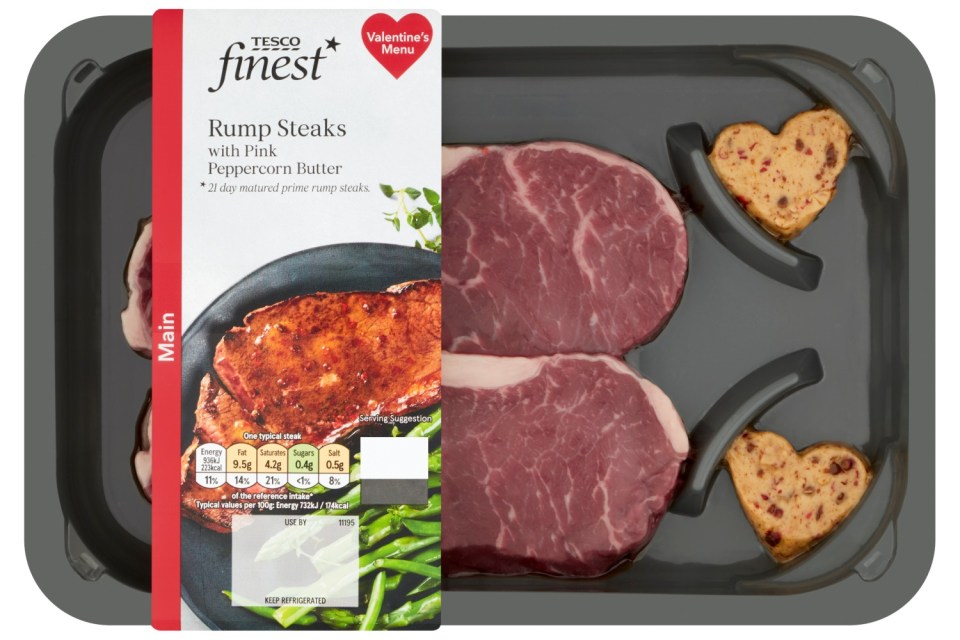 The Tesco meal deal includes rump steak with heart-shaped butter