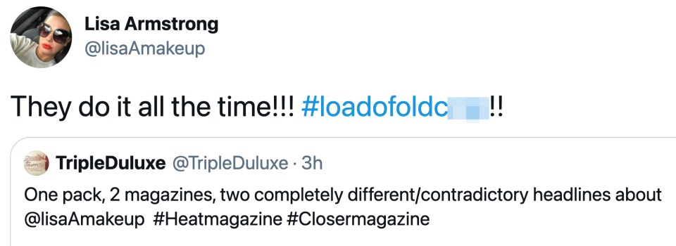 Lisa reacted to magazines saying she was heartbroken with the hashtag 'load ofoldc**p'