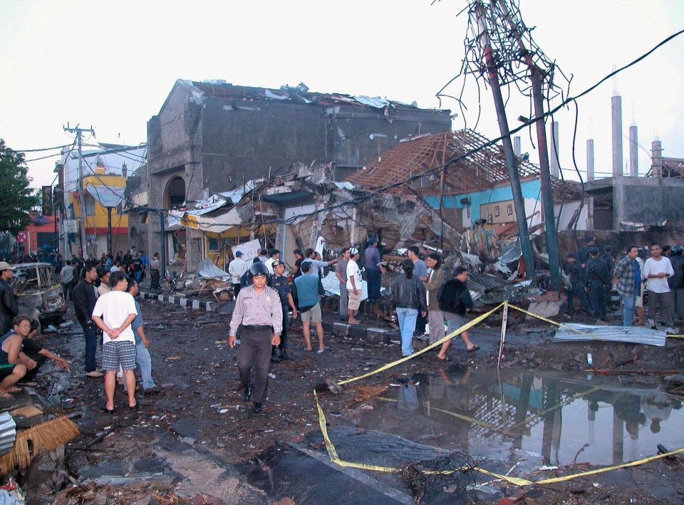 The Bali Bombings in 2002 killed 202 people including 28 Brits. Pictured: The aftermath of the terrorist bombing in Kuta, Indonesia