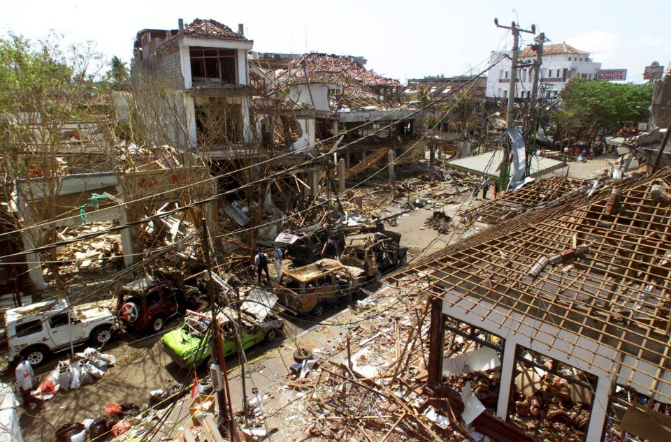 The burnt out buildings in Kuta following the terror attack in 2002