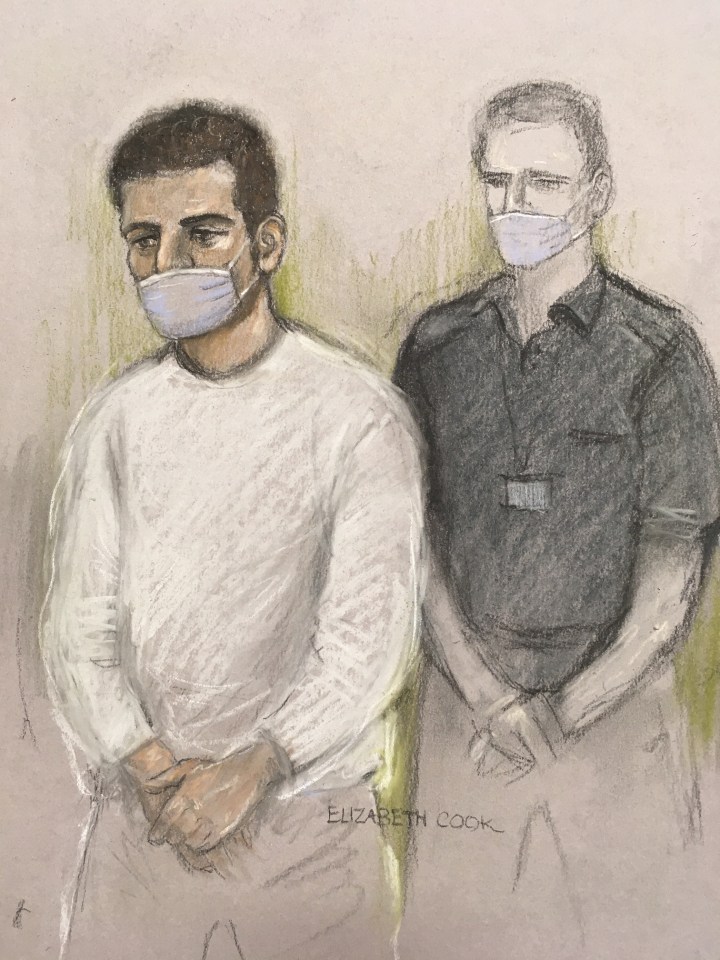 Court artist sketch of Khairi Saadallah appearing via video-link at Westminster Magistrates' Court in June last year