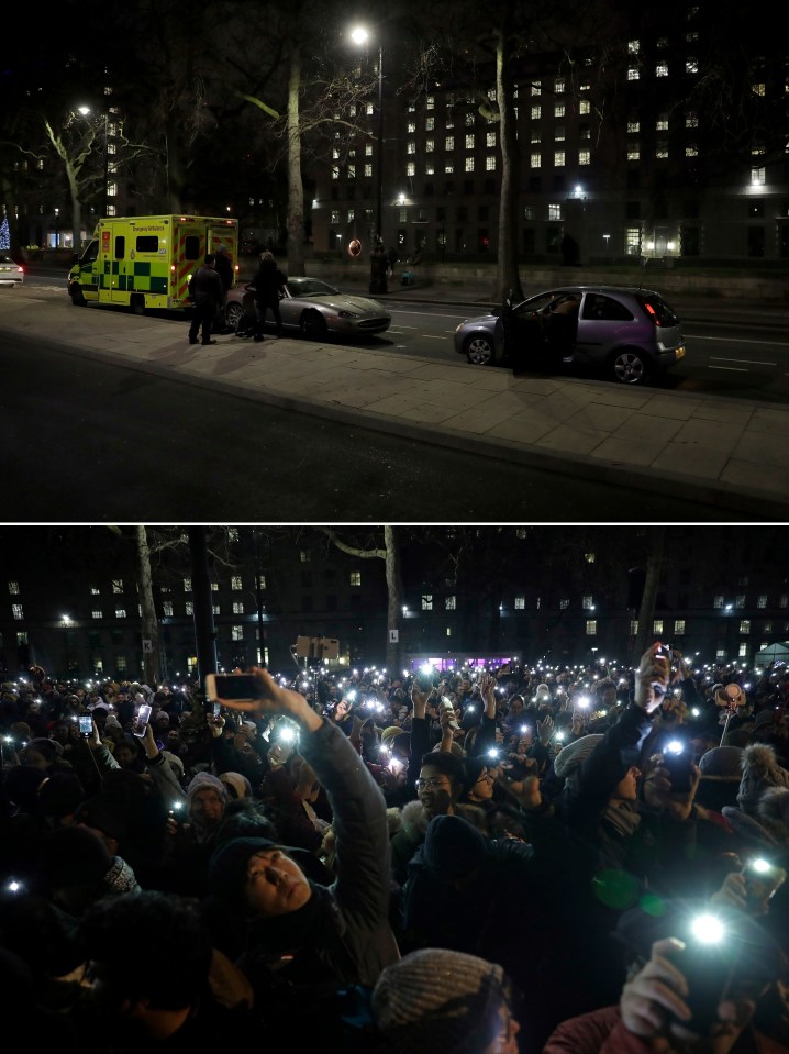 Top picture: an ambulance waits on a road close to the London Eye in 2020; the bottom picture shows the same spot in 2019