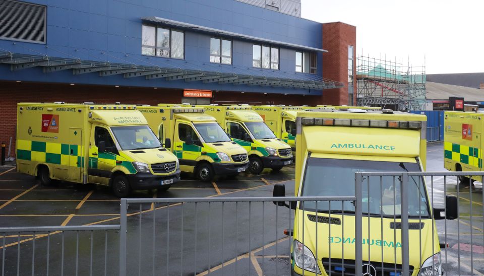 Ambulances lined up outside the Medway Maritime Hospital in Gillingham, Kent