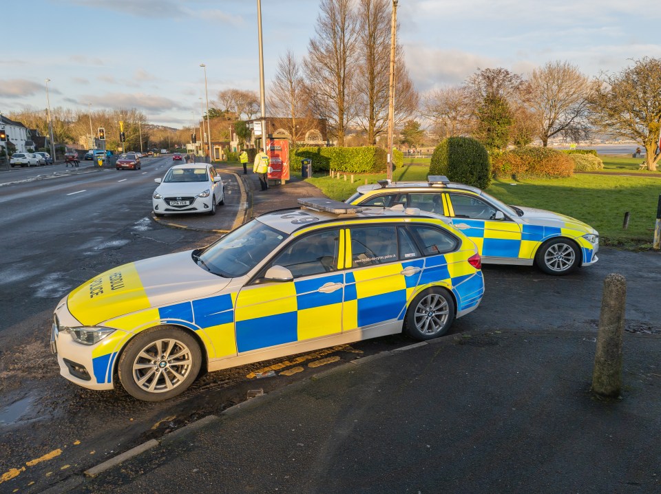 Traffic police stop vehicles to check if their travel was essential on Mumbles Road in the Blackpill area of Swansea, Wales