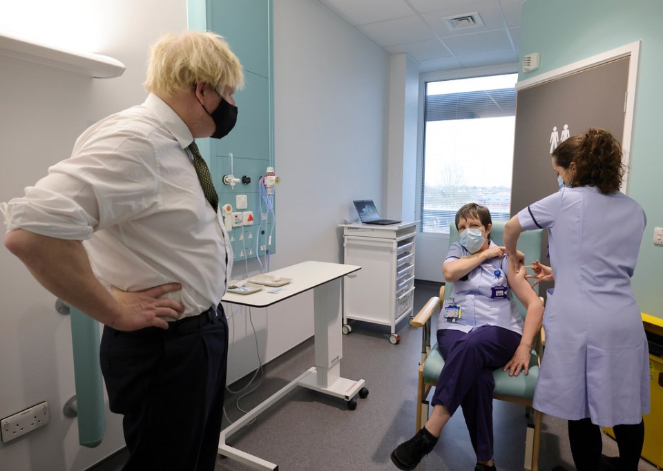 Prime Minister Boris Johnson watched vaccinations at Chase Farm Hospital in north London this week