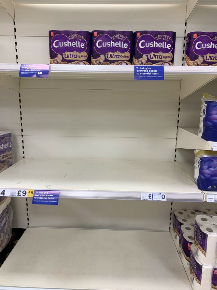 Empty loo roll shelves in Tesco in Huntingdon, Cambridgeshire