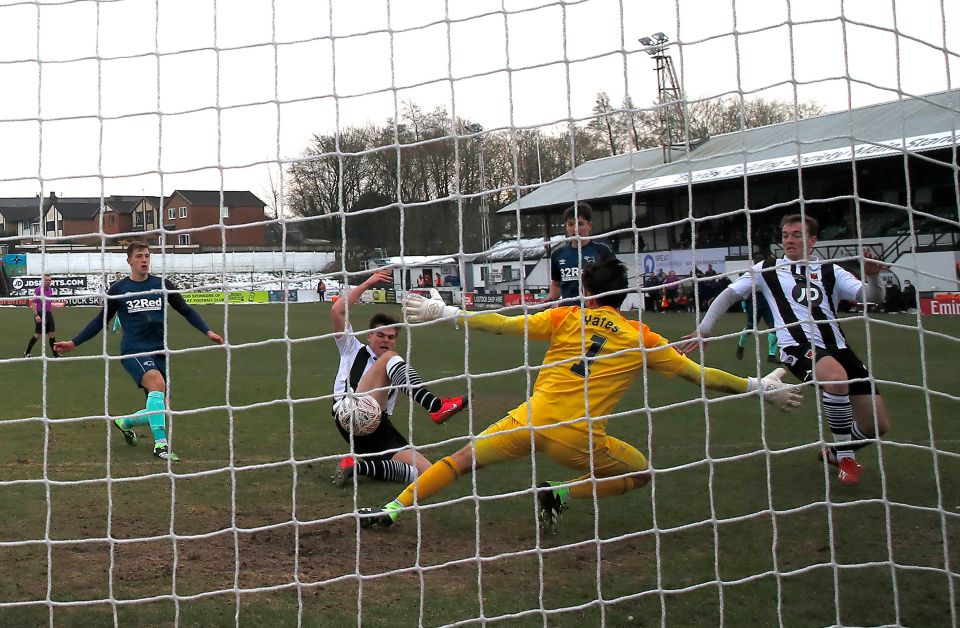 Midfielder Mike Calveley stabs home to finish off Derby's youngsters